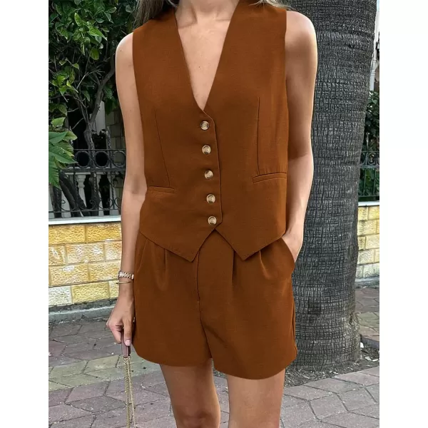 PRETTYGARDEN Womens Summer 2 Piece Outfits Sleeveless Matching Sets Button Down V Neck Vest Waistcoat and Pockets ShortsBrown
