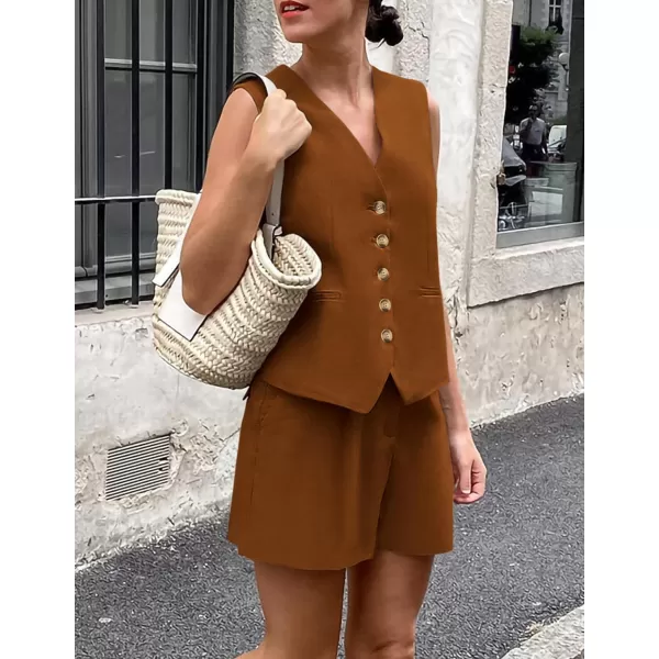 PRETTYGARDEN Womens Summer 2 Piece Outfits Sleeveless Matching Sets Button Down V Neck Vest Waistcoat and Pockets ShortsBrown