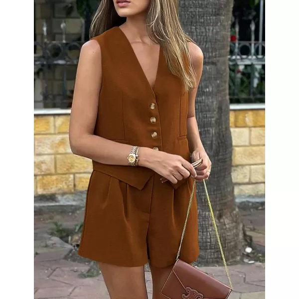 PRETTYGARDEN Womens Summer 2 Piece Outfits Sleeveless Matching Sets Button Down V Neck Vest Waistcoat and Pockets ShortsBrown
