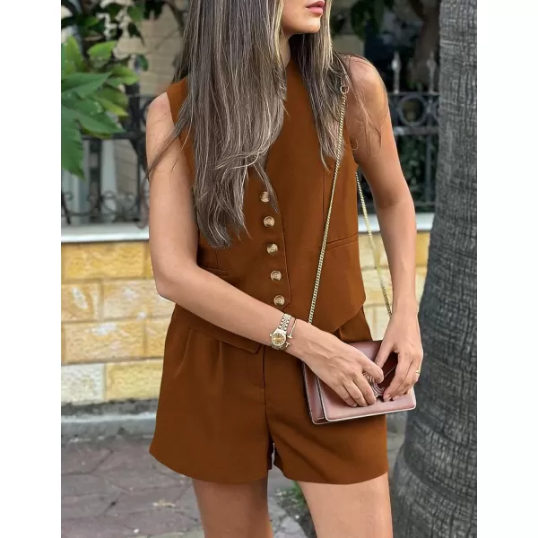 PRETTYGARDEN Womens Summer 2 Piece Outfits Sleeveless Matching Sets Button Down V Neck Vest Waistcoat and Pockets ShortsBrown