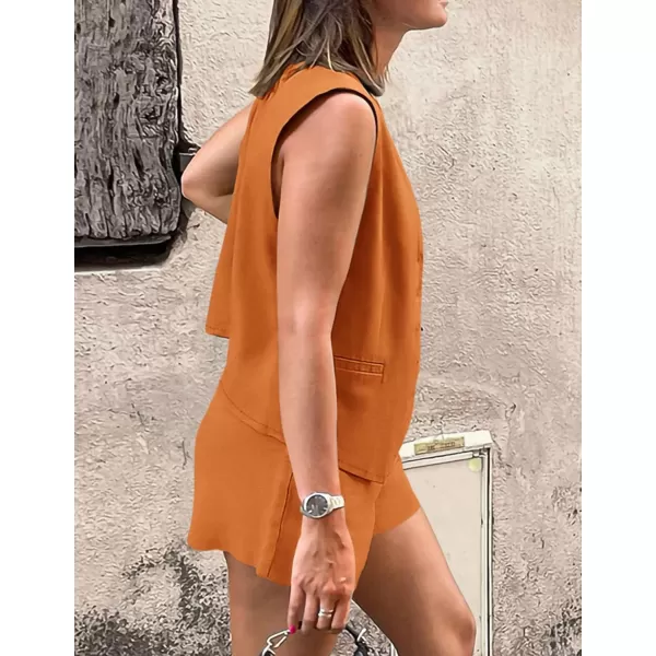 PRETTYGARDEN Womens Summer 2 Piece Outfits Sleeveless Matching Sets Button Down V Neck Vest Waistcoat and Pockets ShortsBrown Orange