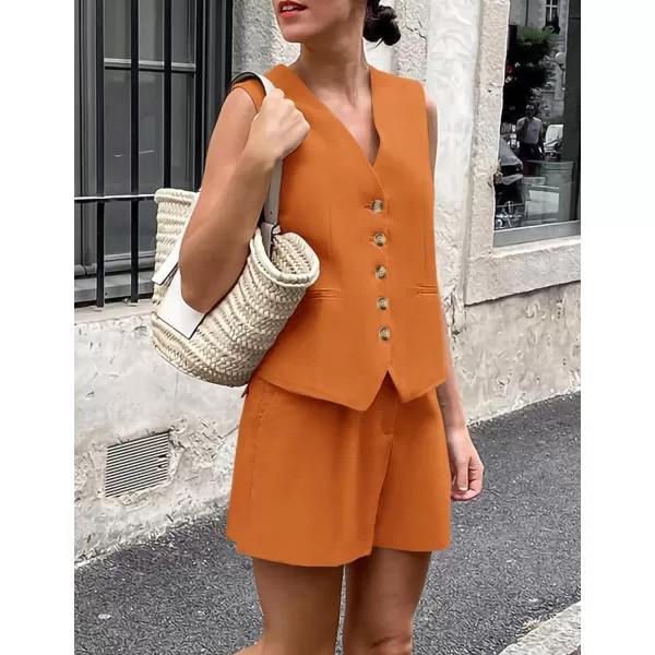 PRETTYGARDEN Womens Summer 2 Piece Outfits Sleeveless Matching Sets Button Down V Neck Vest Waistcoat and Pockets ShortsBrown Orange