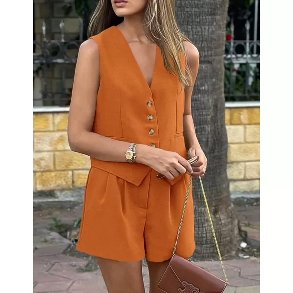 PRETTYGARDEN Womens Summer 2 Piece Outfits Sleeveless Matching Sets Button Down V Neck Vest Waistcoat and Pockets ShortsBrown Orange