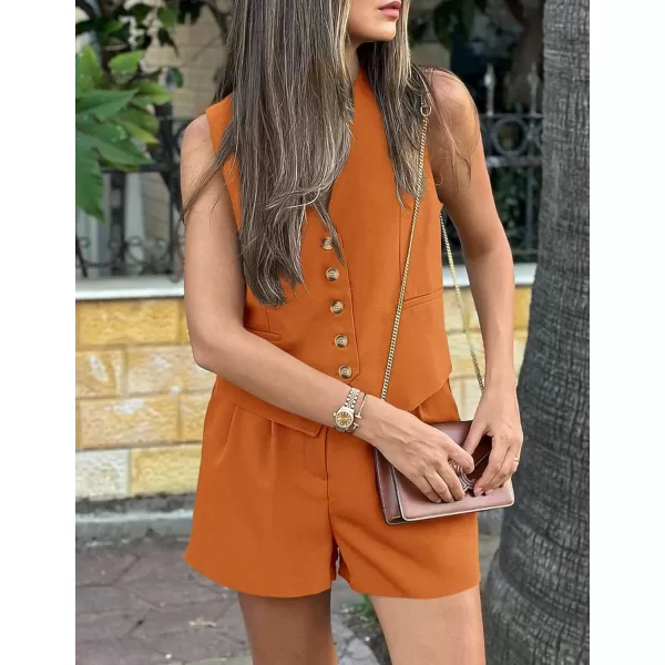 PRETTYGARDEN Womens Summer 2 Piece Outfits Sleeveless Matching Sets Button Down V Neck Vest Waistcoat and Pockets ShortsBrown Orange