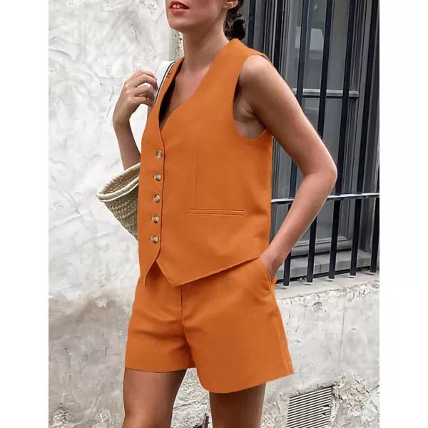 PRETTYGARDEN Womens Summer 2 Piece Outfits Sleeveless Matching Sets Button Down V Neck Vest Waistcoat and Pockets ShortsBrown Orange