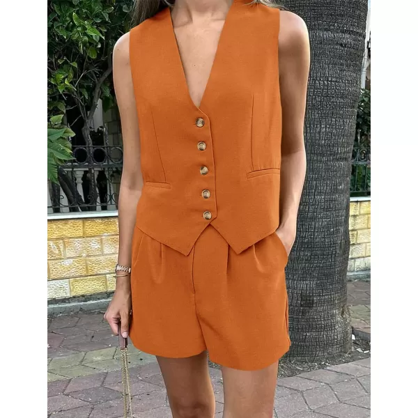 PRETTYGARDEN Womens Summer 2 Piece Outfits Sleeveless Matching Sets Button Down V Neck Vest Waistcoat and Pockets ShortsBrown Orange