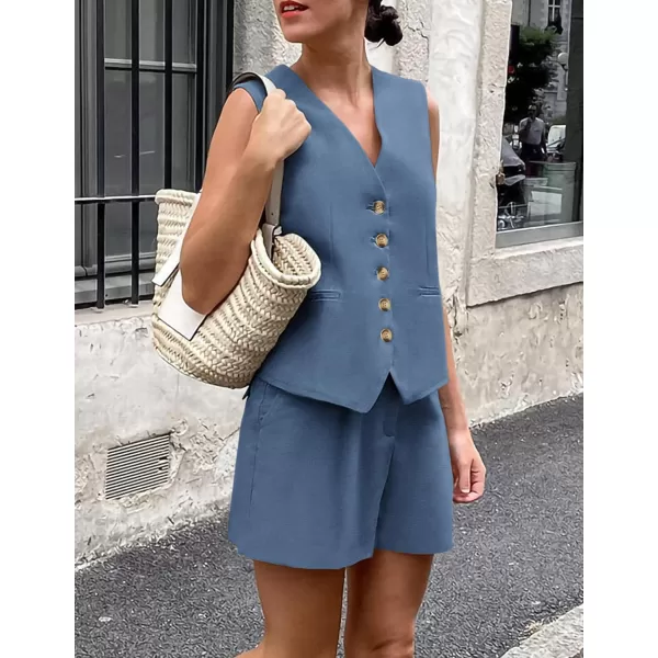 PRETTYGARDEN Womens Summer 2 Piece Outfits Sleeveless Matching Sets Button Down V Neck Vest Waistcoat and Pockets ShortsDenim Blue