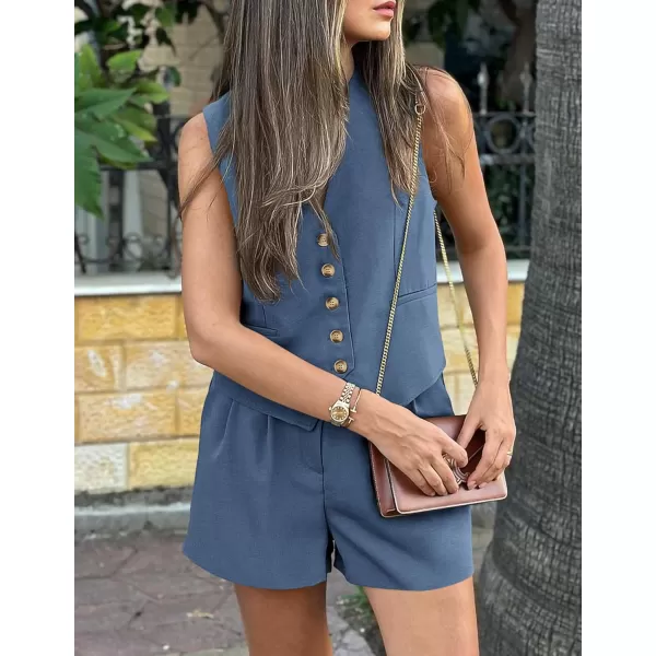 PRETTYGARDEN Womens Summer 2 Piece Outfits Sleeveless Matching Sets Button Down V Neck Vest Waistcoat and Pockets ShortsDenim Blue