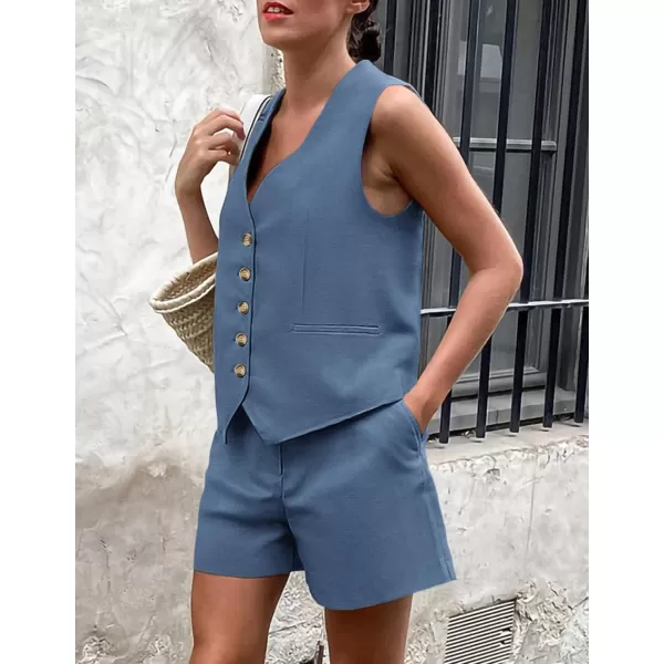 PRETTYGARDEN Womens Summer 2 Piece Outfits Sleeveless Matching Sets Button Down V Neck Vest Waistcoat and Pockets ShortsDenim Blue