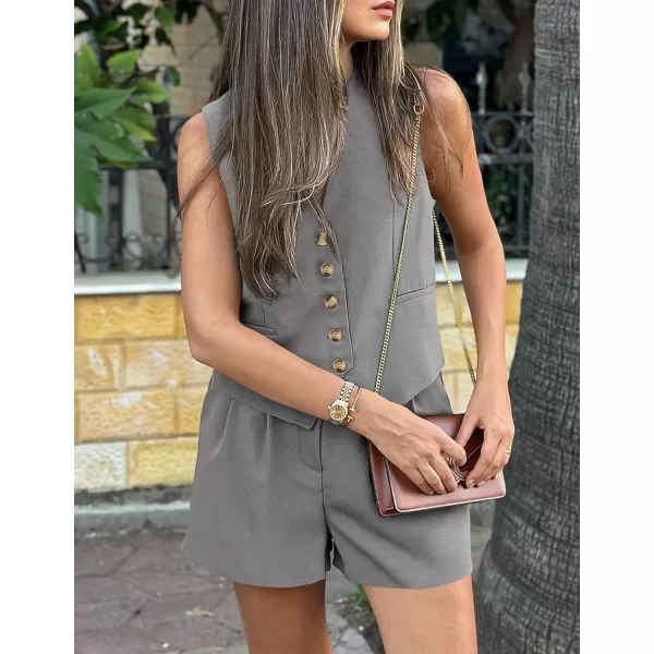 PRETTYGARDEN Womens Summer 2 Piece Outfits Sleeveless Matching Sets Button Down V Neck Vest Waistcoat and Pockets ShortsGrey