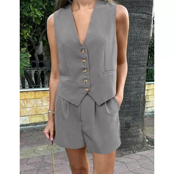 PRETTYGARDEN Womens Summer 2 Piece Outfits Sleeveless Matching Sets Button Down V Neck Vest Waistcoat and Pockets ShortsGrey