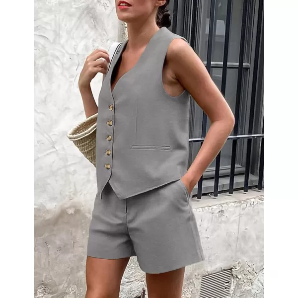 PRETTYGARDEN Womens Summer 2 Piece Outfits Sleeveless Matching Sets Button Down V Neck Vest Waistcoat and Pockets ShortsGrey