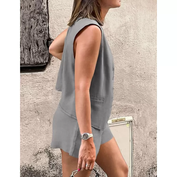 PRETTYGARDEN Womens Summer 2 Piece Outfits Sleeveless Matching Sets Button Down V Neck Vest Waistcoat and Pockets ShortsGrey