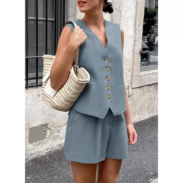 PRETTYGARDEN Womens Summer 2 Piece Outfits Sleeveless Matching Sets Button Down V Neck Vest Waistcoat and Pockets ShortsGrey Blue