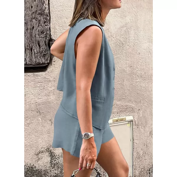 PRETTYGARDEN Womens Summer 2 Piece Outfits Sleeveless Matching Sets Button Down V Neck Vest Waistcoat and Pockets ShortsGrey Blue