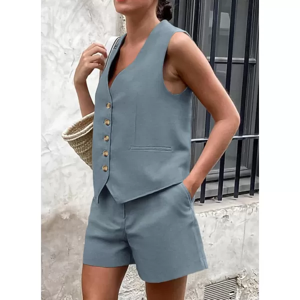 PRETTYGARDEN Womens Summer 2 Piece Outfits Sleeveless Matching Sets Button Down V Neck Vest Waistcoat and Pockets ShortsGrey Blue
