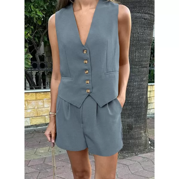 PRETTYGARDEN Womens Summer 2 Piece Outfits Sleeveless Matching Sets Button Down V Neck Vest Waistcoat and Pockets ShortsGrey Blue