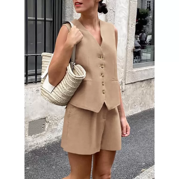 PRETTYGARDEN Womens Summer 2 Piece Outfits Sleeveless Matching Sets Button Down V Neck Vest Waistcoat and Pockets ShortsKhaki