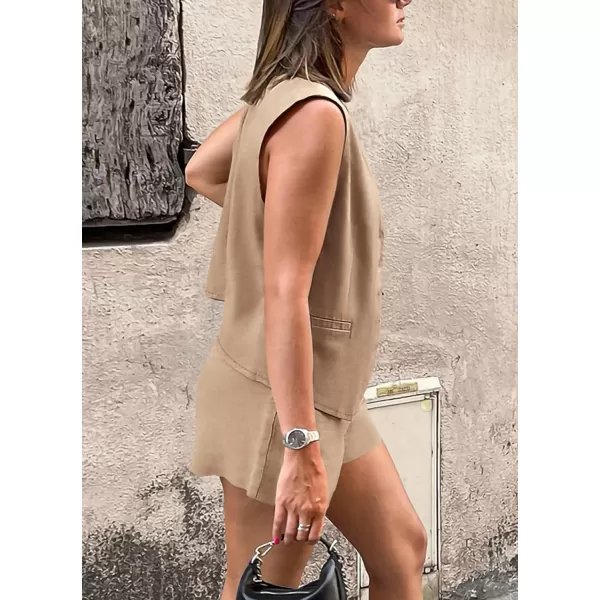 PRETTYGARDEN Womens Summer 2 Piece Outfits Sleeveless Matching Sets Button Down V Neck Vest Waistcoat and Pockets ShortsKhaki