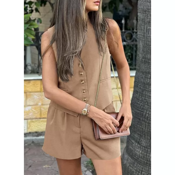PRETTYGARDEN Womens Summer 2 Piece Outfits Sleeveless Matching Sets Button Down V Neck Vest Waistcoat and Pockets ShortsKhaki