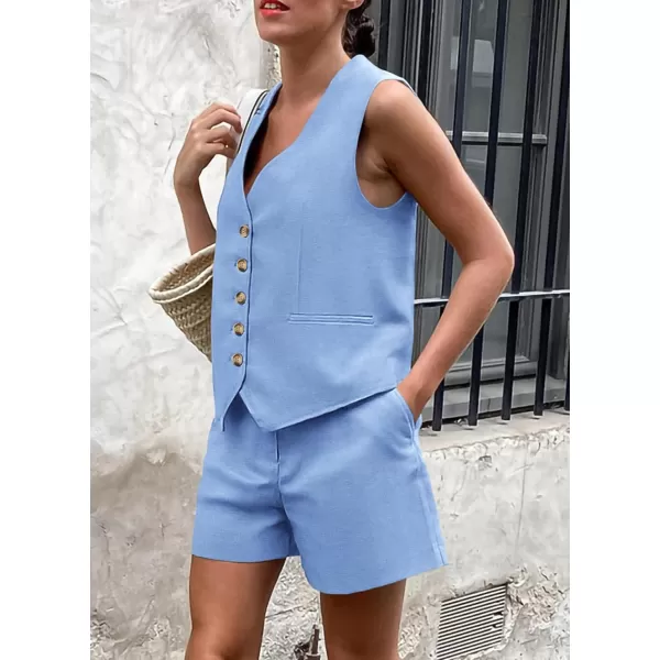 PRETTYGARDEN Womens Summer 2 Piece Outfits Sleeveless Matching Sets Button Down V Neck Vest Waistcoat and Pockets ShortsLight Blue