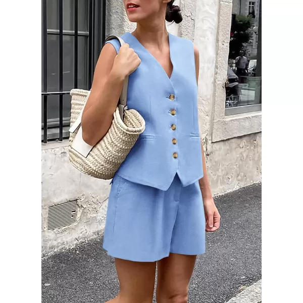 PRETTYGARDEN Womens Summer 2 Piece Outfits Sleeveless Matching Sets Button Down V Neck Vest Waistcoat and Pockets ShortsLight Blue