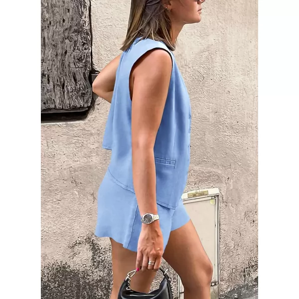 PRETTYGARDEN Womens Summer 2 Piece Outfits Sleeveless Matching Sets Button Down V Neck Vest Waistcoat and Pockets ShortsLight Blue