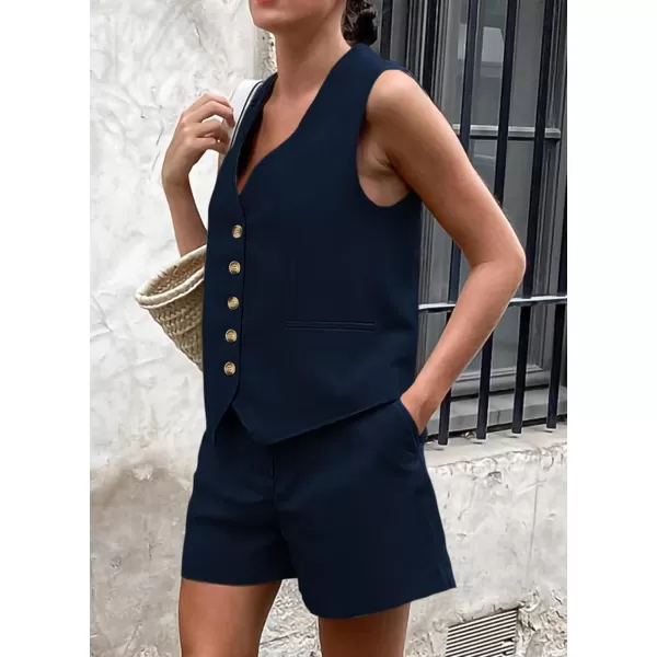 PRETTYGARDEN Womens Summer 2 Piece Outfits Sleeveless Matching Sets Button Down V Neck Vest Waistcoat and Pockets ShortsNavy