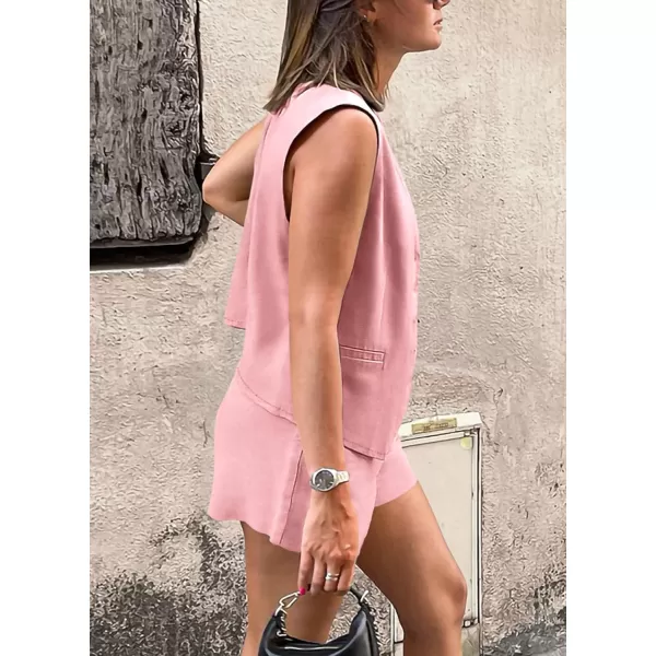 PRETTYGARDEN Womens Summer 2 Piece Outfits Sleeveless Matching Sets Button Down V Neck Vest Waistcoat and Pockets ShortsPink