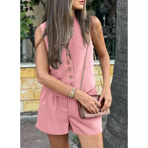 PRETTYGARDEN Womens Summer 2 Piece Outfits Sleeveless Matching Sets Button Down V Neck Vest Waistcoat and Pockets ShortsPink