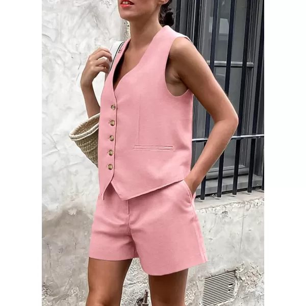 PRETTYGARDEN Womens Summer 2 Piece Outfits Sleeveless Matching Sets Button Down V Neck Vest Waistcoat and Pockets ShortsPink