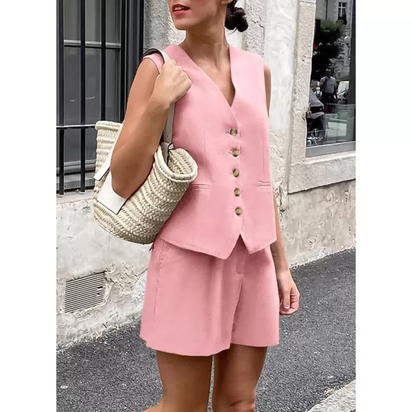 PRETTYGARDEN Womens Summer 2 Piece Outfits Sleeveless Matching Sets Button Down V Neck Vest Waistcoat and Pockets ShortsPink