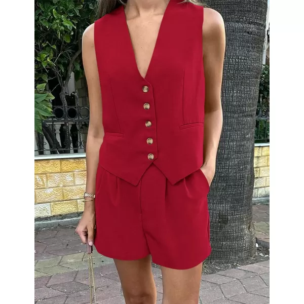 PRETTYGARDEN Womens Summer 2 Piece Outfits Sleeveless Matching Sets Button Down V Neck Vest Waistcoat and Pockets ShortsRed