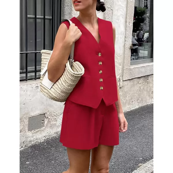 PRETTYGARDEN Womens Summer 2 Piece Outfits Sleeveless Matching Sets Button Down V Neck Vest Waistcoat and Pockets ShortsRed