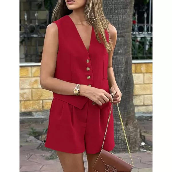 PRETTYGARDEN Womens Summer 2 Piece Outfits Sleeveless Matching Sets Button Down V Neck Vest Waistcoat and Pockets ShortsRed