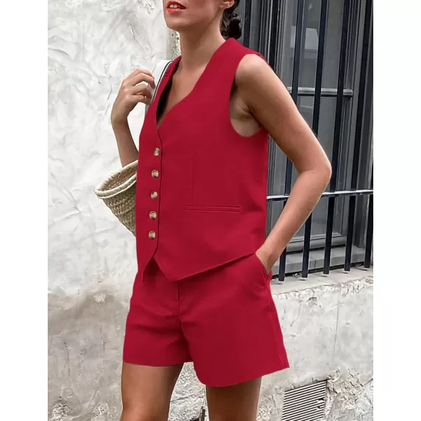 PRETTYGARDEN Womens Summer 2 Piece Outfits Sleeveless Matching Sets Button Down V Neck Vest Waistcoat and Pockets ShortsRed