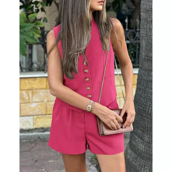 PRETTYGARDEN Womens Summer 2 Piece Outfits Sleeveless Matching Sets Button Down V Neck Vest Waistcoat and Pockets ShortsRose Red