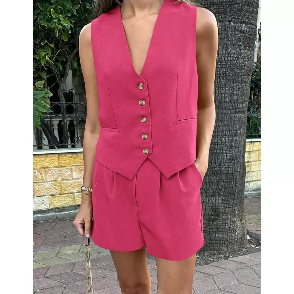 PRETTYGARDEN Womens Summer 2 Piece Outfits Sleeveless Matching Sets Button Down V Neck Vest Waistcoat and Pockets ShortsRose Red