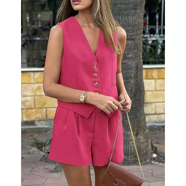 PRETTYGARDEN Womens Summer 2 Piece Outfits Sleeveless Matching Sets Button Down V Neck Vest Waistcoat and Pockets ShortsRose Red