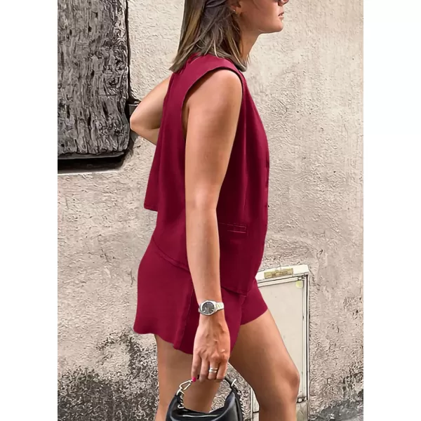 PRETTYGARDEN Womens Summer 2 Piece Outfits Sleeveless Matching Sets Button Down V Neck Vest Waistcoat and Pockets ShortsWine Red