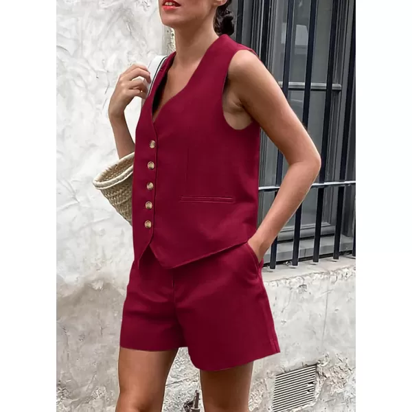 PRETTYGARDEN Womens Summer 2 Piece Outfits Sleeveless Matching Sets Button Down V Neck Vest Waistcoat and Pockets ShortsWine Red