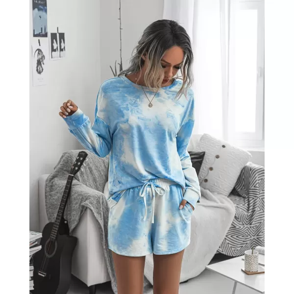 PRETTYGARDEN Womens Tie Dye Printed Pajamas Set Casual Long Sleeve Tops with Lounge Shorts Two Piece SleepwearBlue