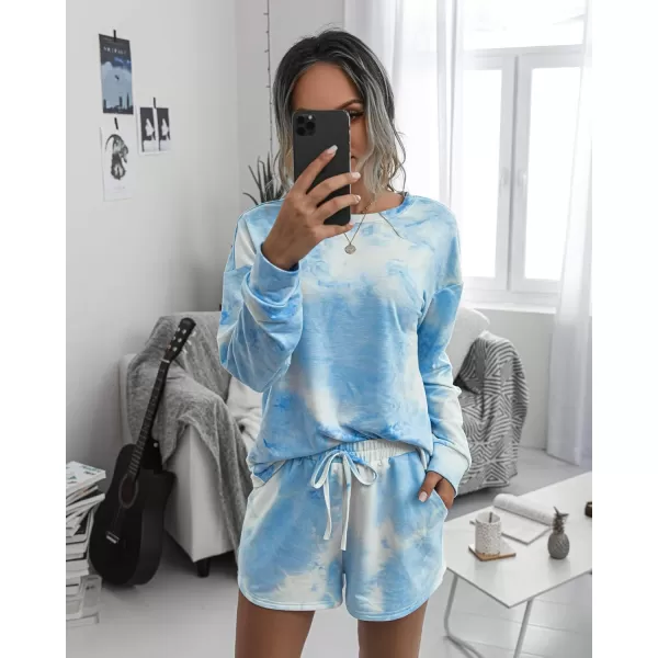 PRETTYGARDEN Womens Tie Dye Printed Pajamas Set Casual Long Sleeve Tops with Lounge Shorts Two Piece SleepwearBlue
