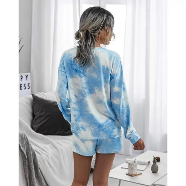 PRETTYGARDEN Womens Tie Dye Printed Pajamas Set Casual Long Sleeve Tops with Lounge Shorts Two Piece SleepwearBlue