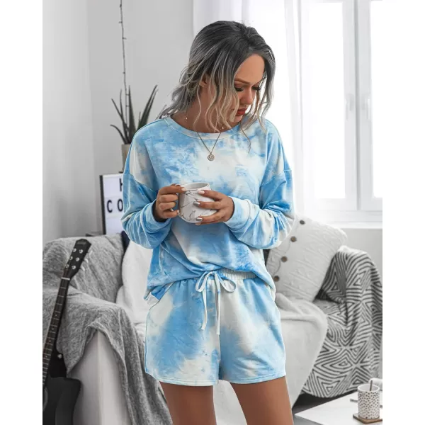 PRETTYGARDEN Womens Tie Dye Printed Pajamas Set Casual Long Sleeve Tops with Lounge Shorts Two Piece SleepwearBlue