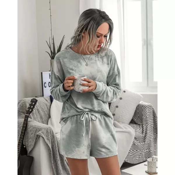 PRETTYGARDEN Womens Tie Dye Printed Pajamas Set Casual Long Sleeve Tops with Lounge Shorts Two Piece SleepwearGrey
