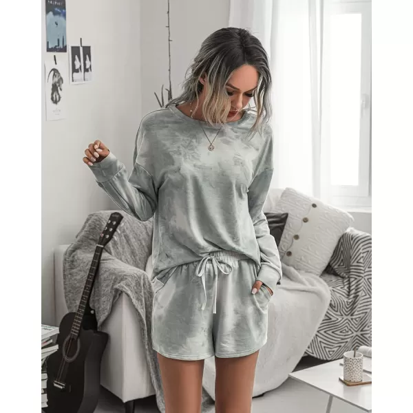 PRETTYGARDEN Womens Tie Dye Printed Pajamas Set Casual Long Sleeve Tops with Lounge Shorts Two Piece SleepwearGrey