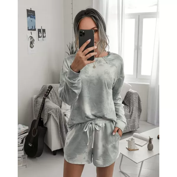 PRETTYGARDEN Womens Tie Dye Printed Pajamas Set Casual Long Sleeve Tops with Lounge Shorts Two Piece SleepwearGrey