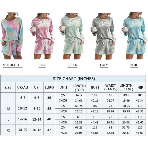 PRETTYGARDEN Womens Tie Dye Printed Pajamas Set Casual Long Sleeve Tops with Lounge Shorts Two Piece SleepwearMulticolor