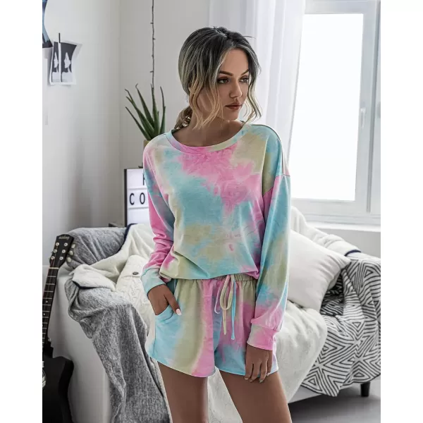 PRETTYGARDEN Womens Tie Dye Printed Pajamas Set Casual Long Sleeve Tops with Lounge Shorts Two Piece SleepwearMulticolor